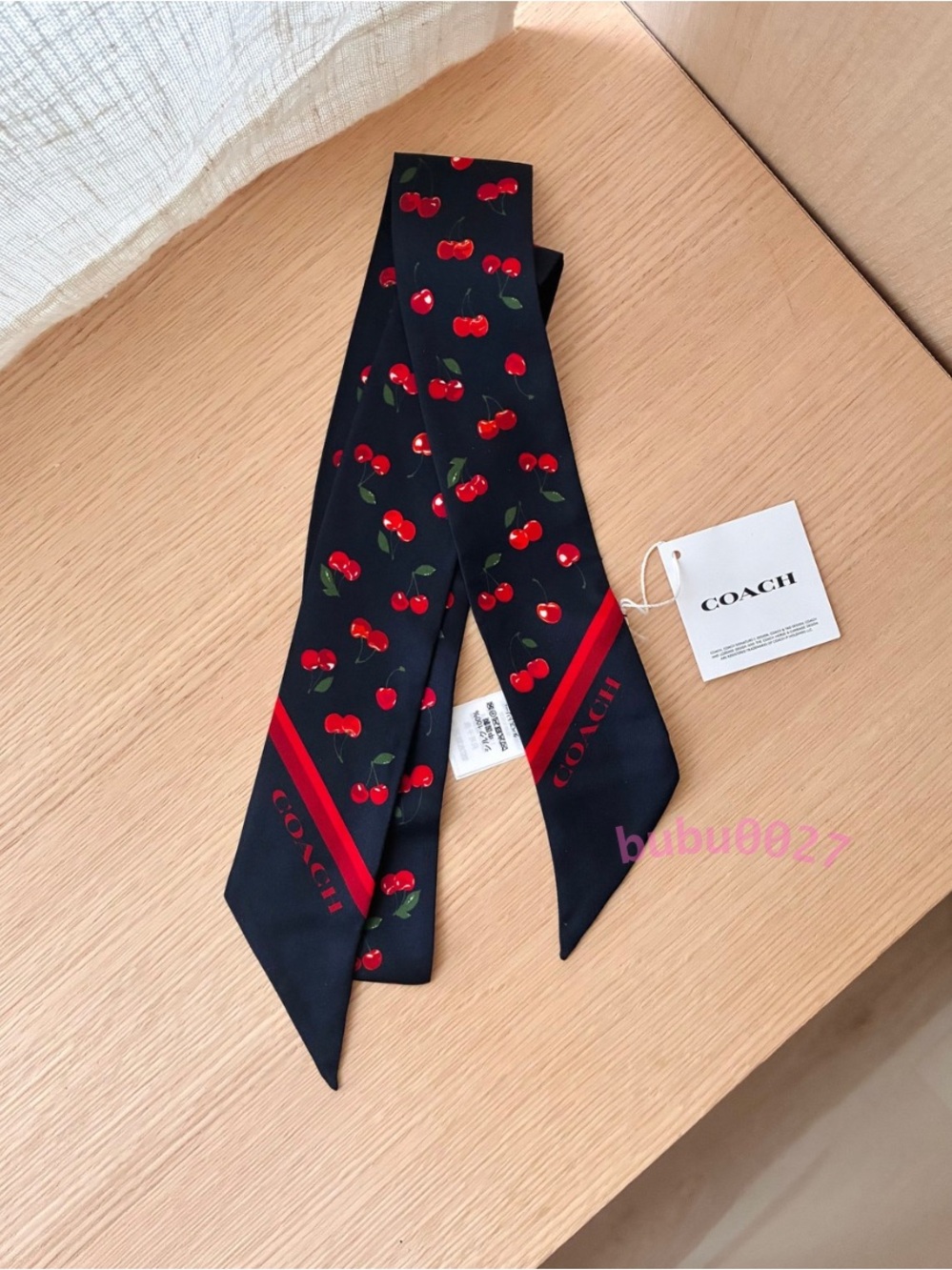 NWT🍒Coach Cherry Print Silk Skinny Scarf Navy Blue CGA42 Gift Hair Bag Bow